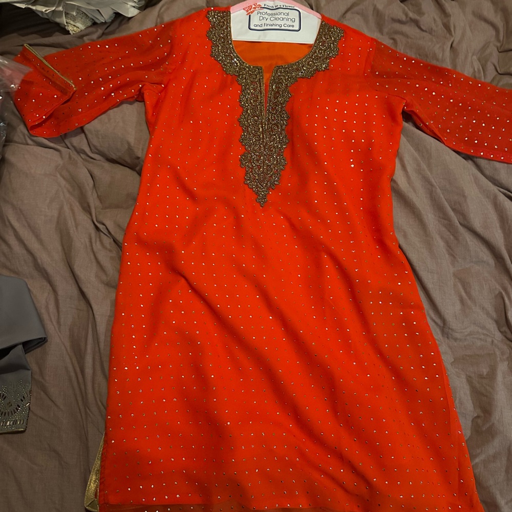 Embellished Orange Kurta with Gold Trim